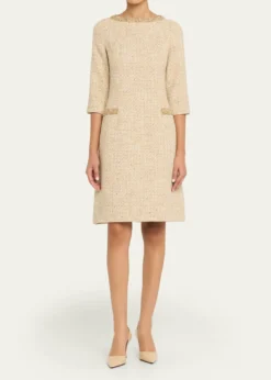 Rickie Freeman for Teri JonMetallic Boucle Jewel-Trim A-Line Dress