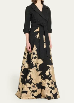 Rickie Freeman for Teri JonMetallic Floral Jacquard Shirt Gown