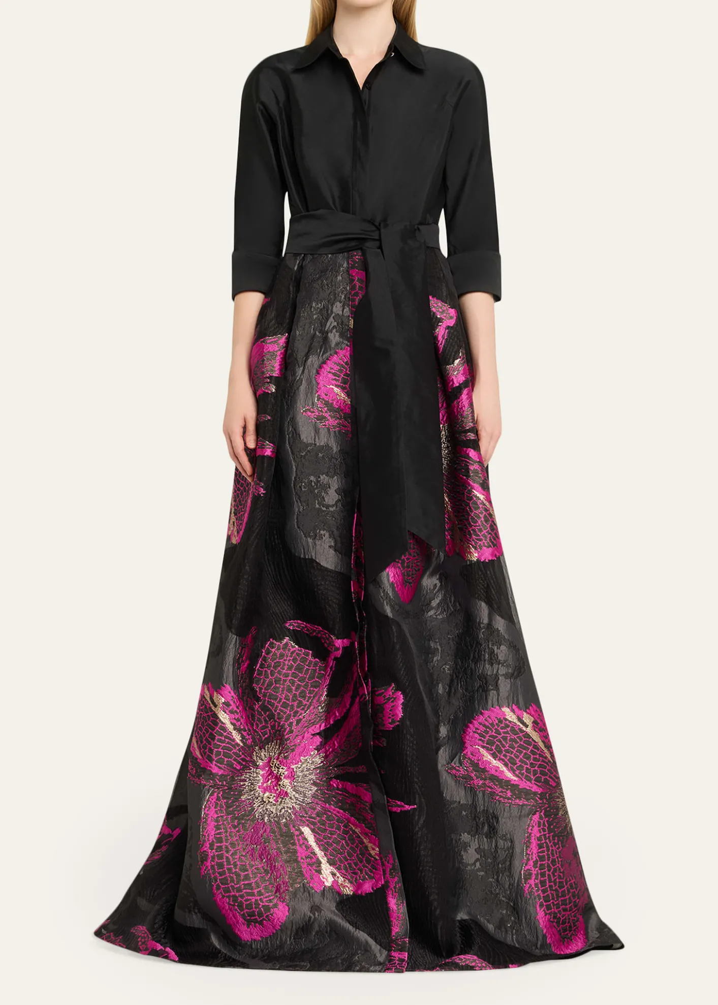 Rickie Freeman for Teri JonMetallic Floral Jacquard Shirt Gown