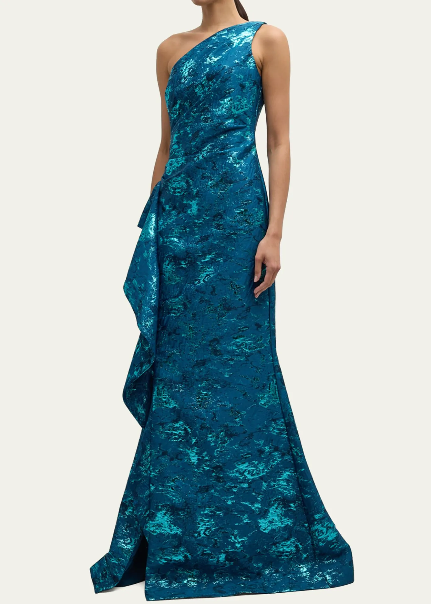 Rickie Freeman for Teri JonMetallic Jacquard One-Shoulder Side-Ruffle Gown