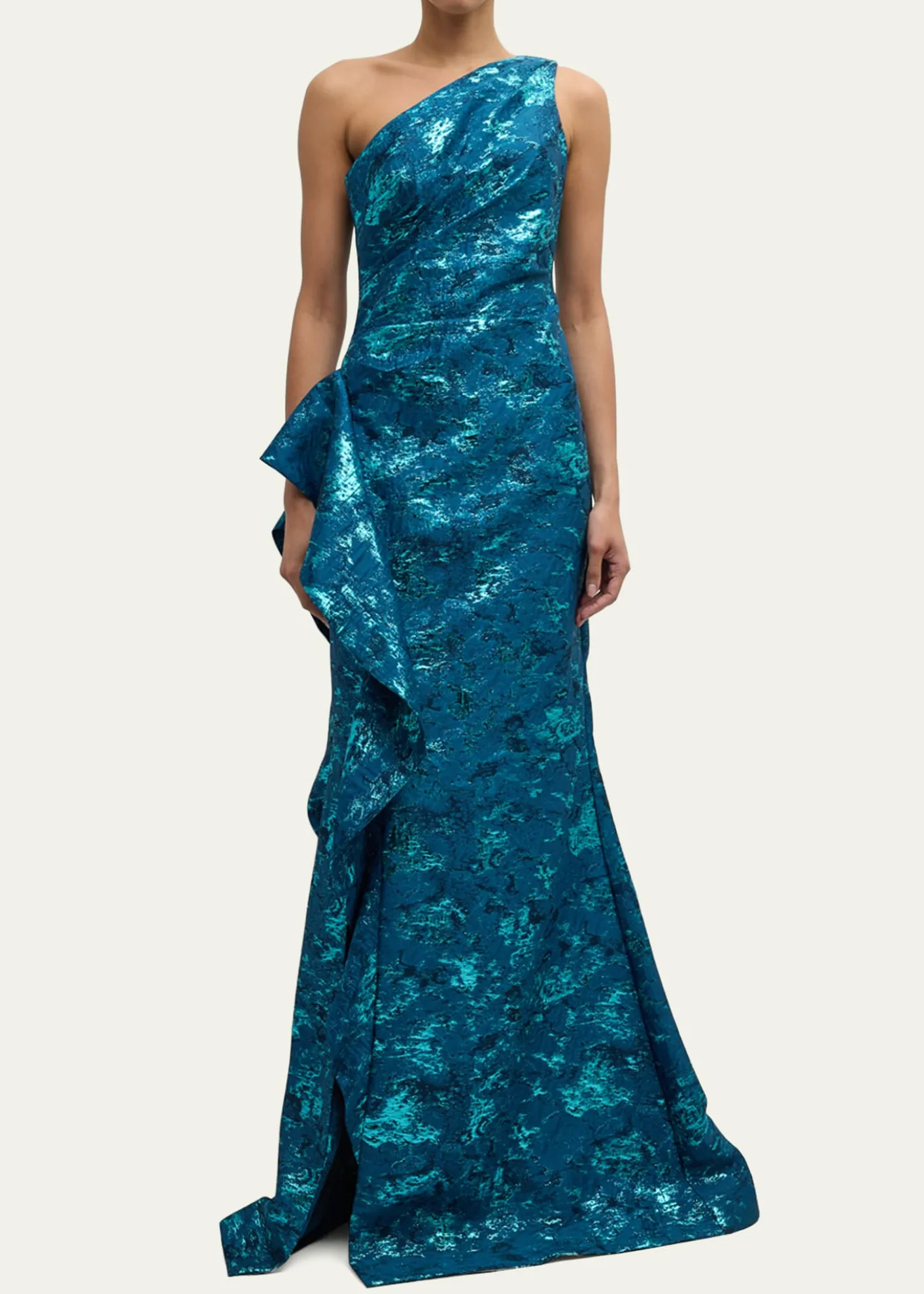 Rickie Freeman for Teri JonMetallic Jacquard One-Shoulder Side-Ruffle Gown