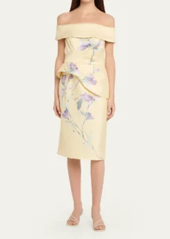Rickie Freeman for Teri JonOff-Shoulder Peplum Mikado Midi Dress