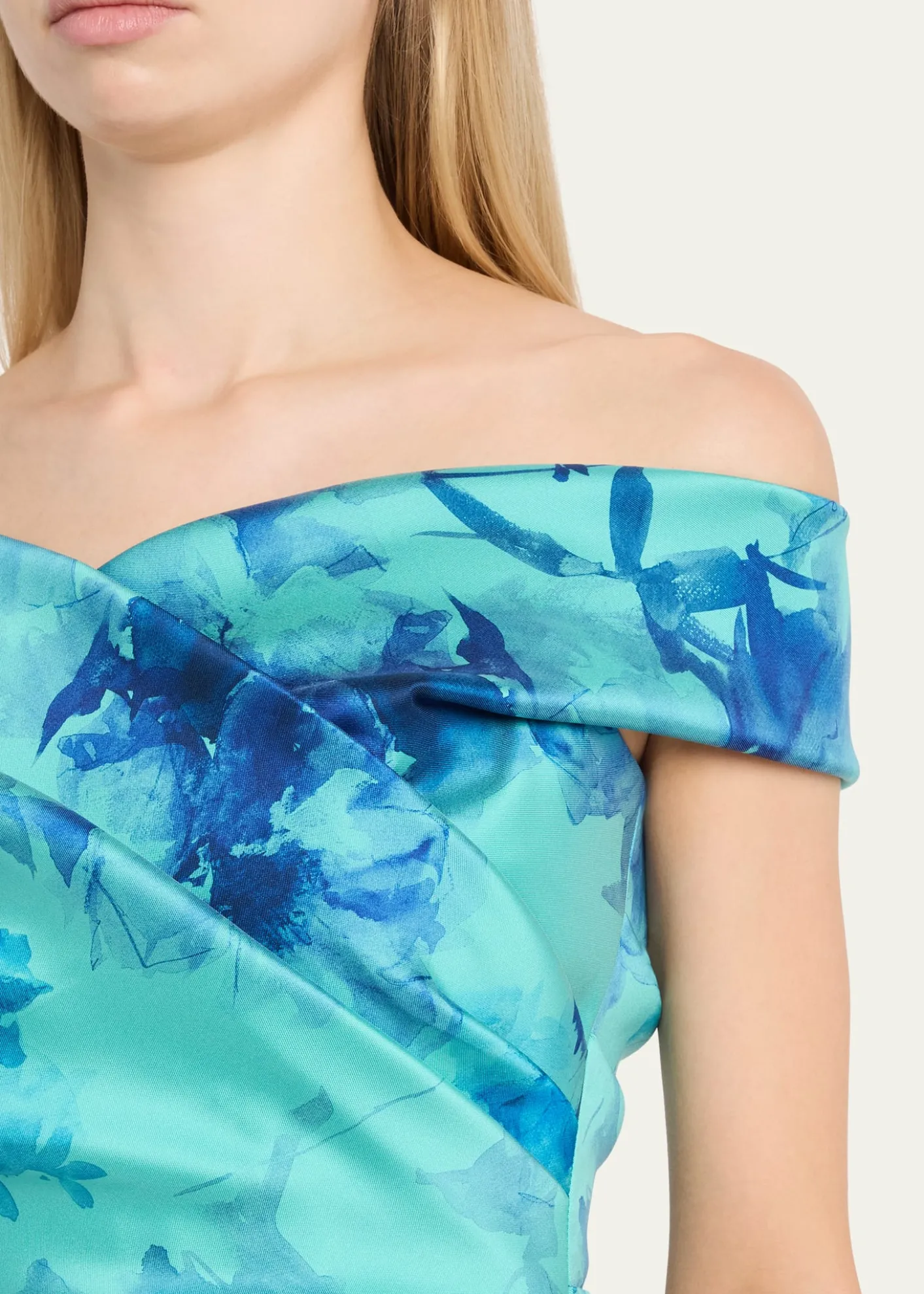 Rickie Freeman for Teri JonOff-Shoulder Floral Gazar Column Gown