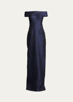 Rickie Freeman for Teri JonOff-Shoulder Jacquard Column Gown