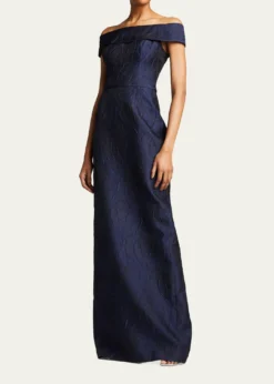 Rickie Freeman for Teri JonOff-Shoulder Jacquard Column Gown