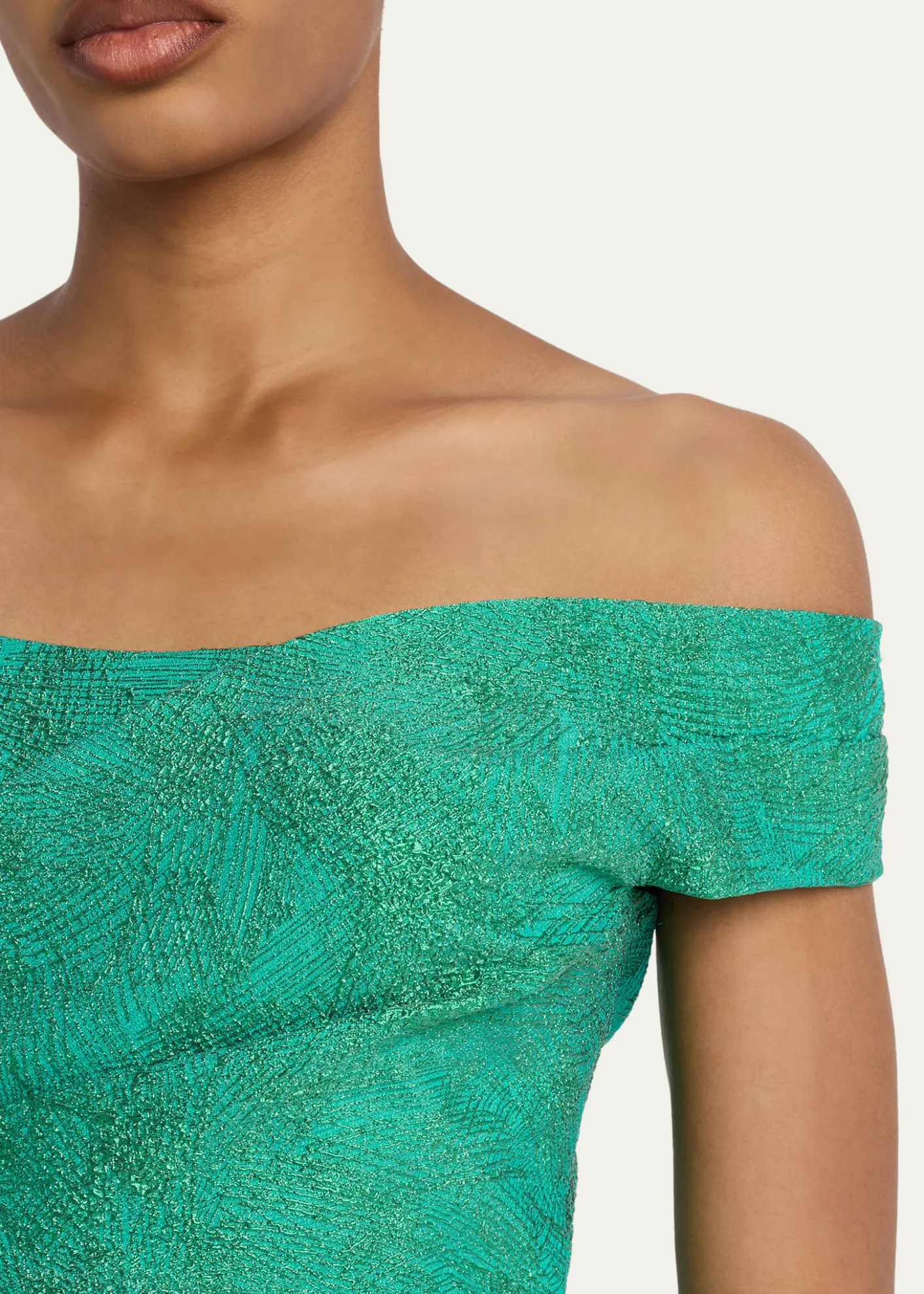 Rickie Freeman for Teri JonOff-Shoulder Metallic Jacquard Column Gown