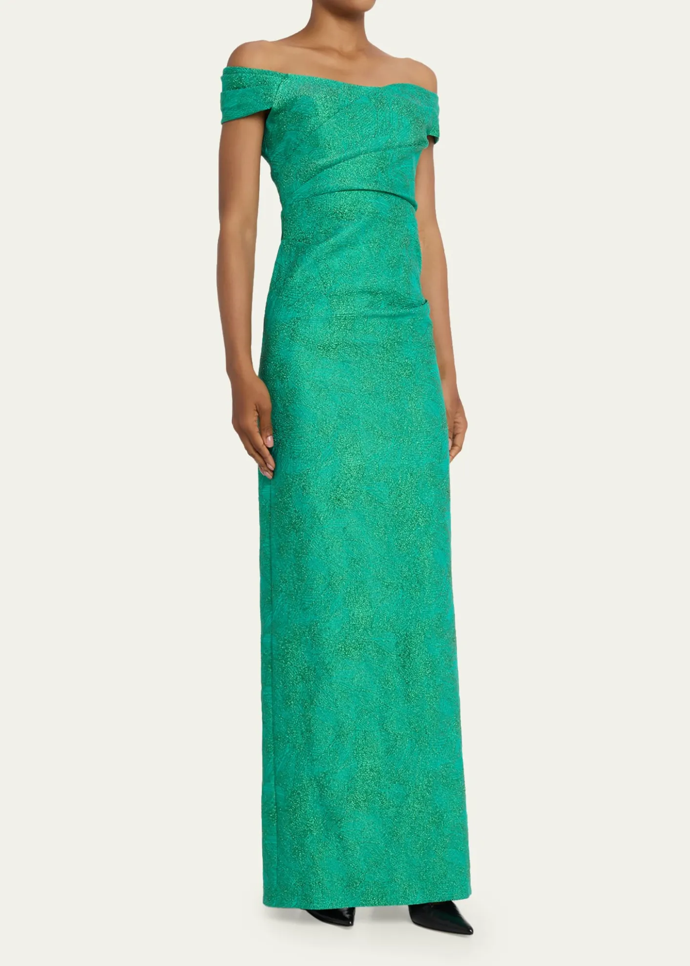 Rickie Freeman for Teri JonOff-Shoulder Metallic Jacquard Column Gown