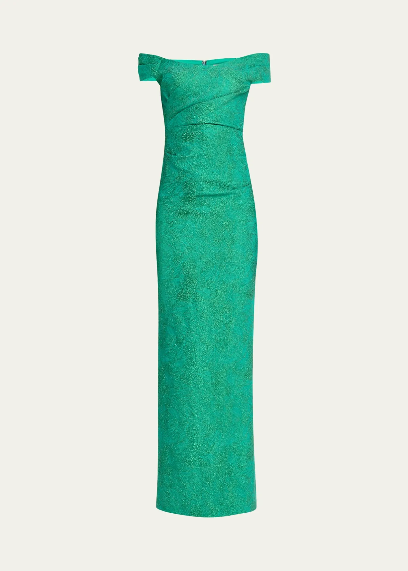 Rickie Freeman for Teri JonOff-Shoulder Metallic Jacquard Column Gown