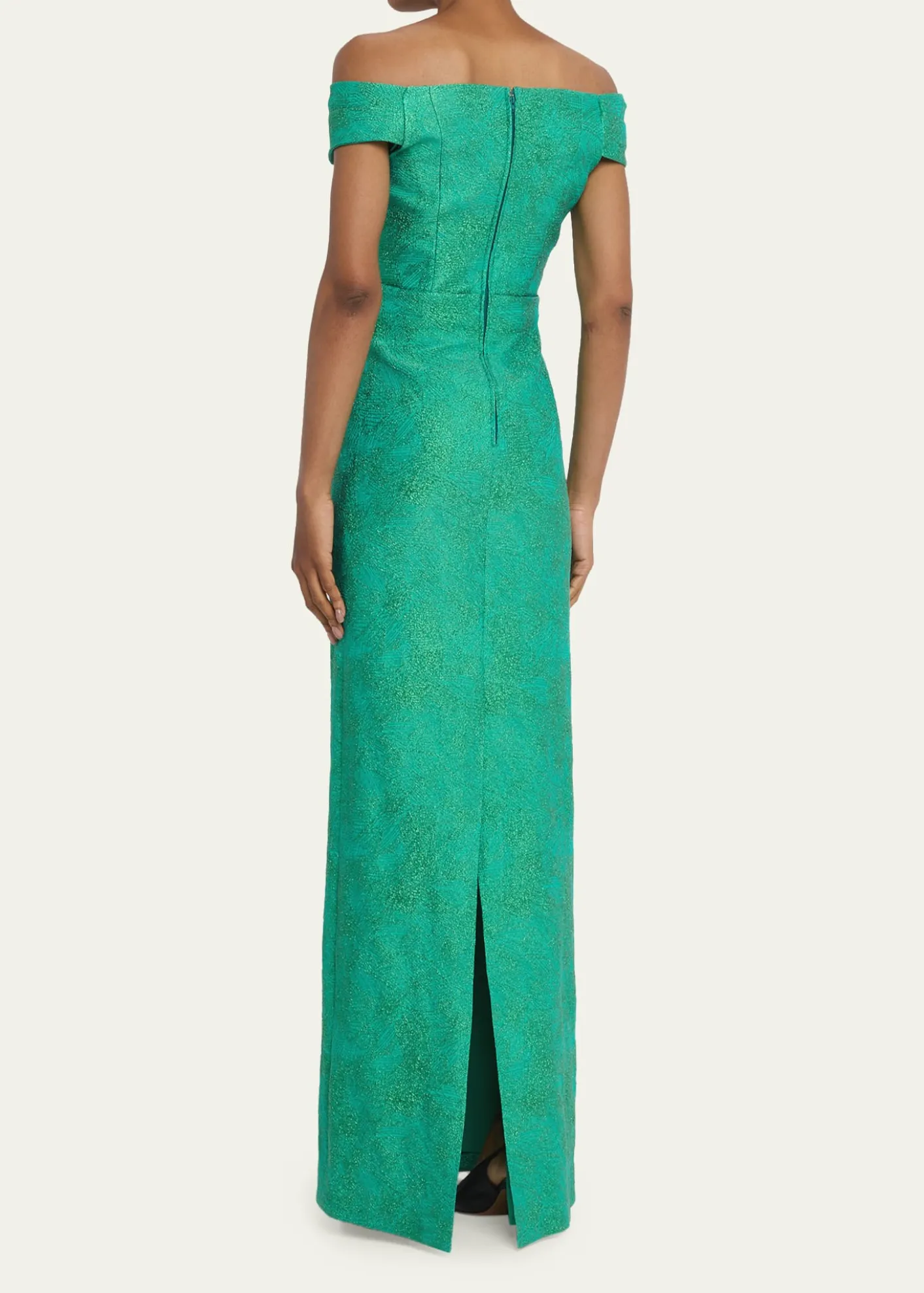 Rickie Freeman for Teri JonOff-Shoulder Metallic Jacquard Column Gown