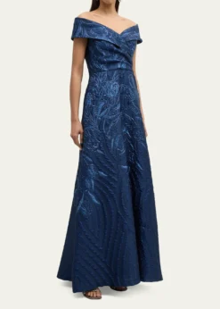 Rickie Freeman for Teri JonOff-Shoulder Metallic Jacquard Gown
