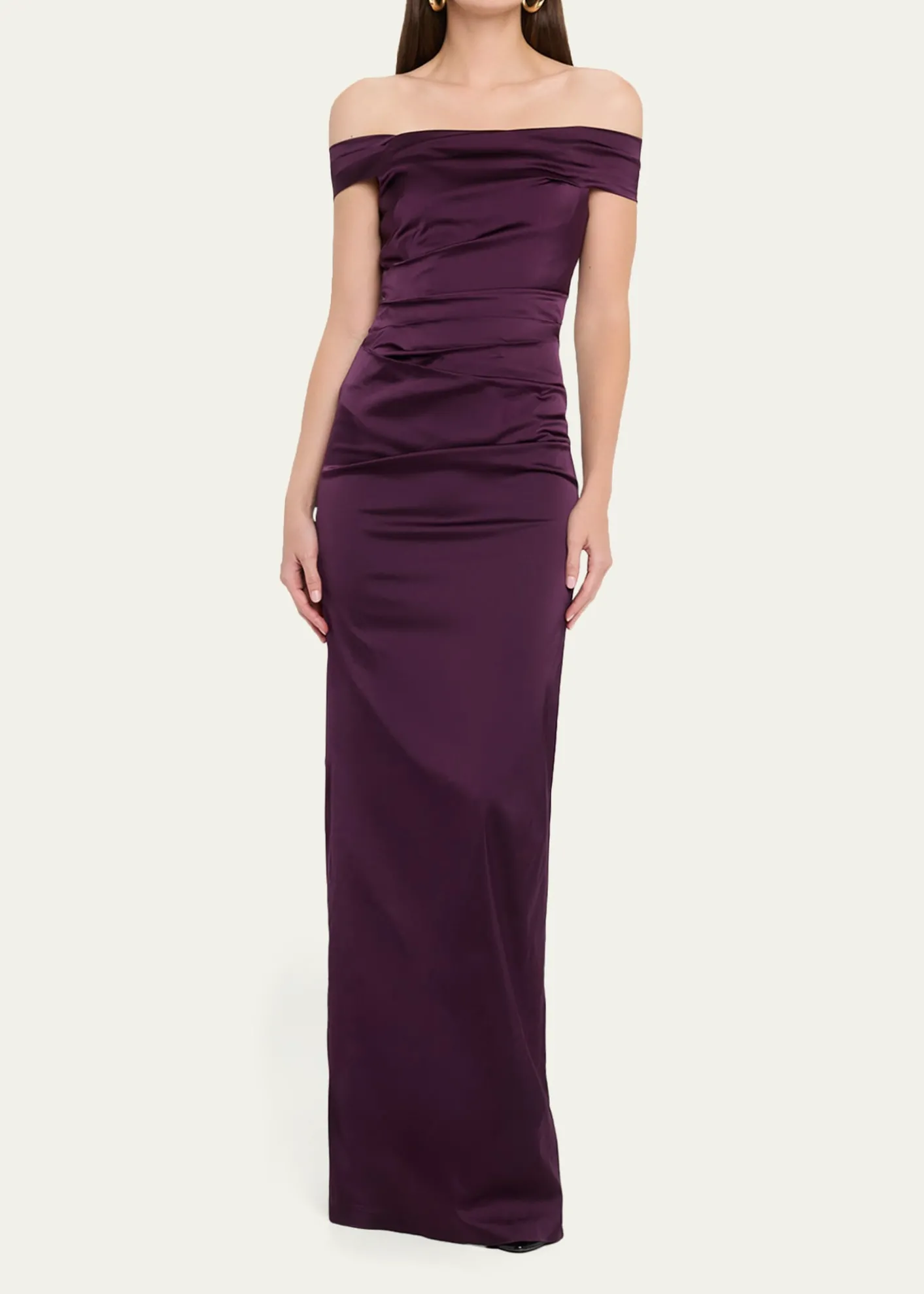 Rickie Freeman for Teri JonOff-Shoulder Satin Column Gown