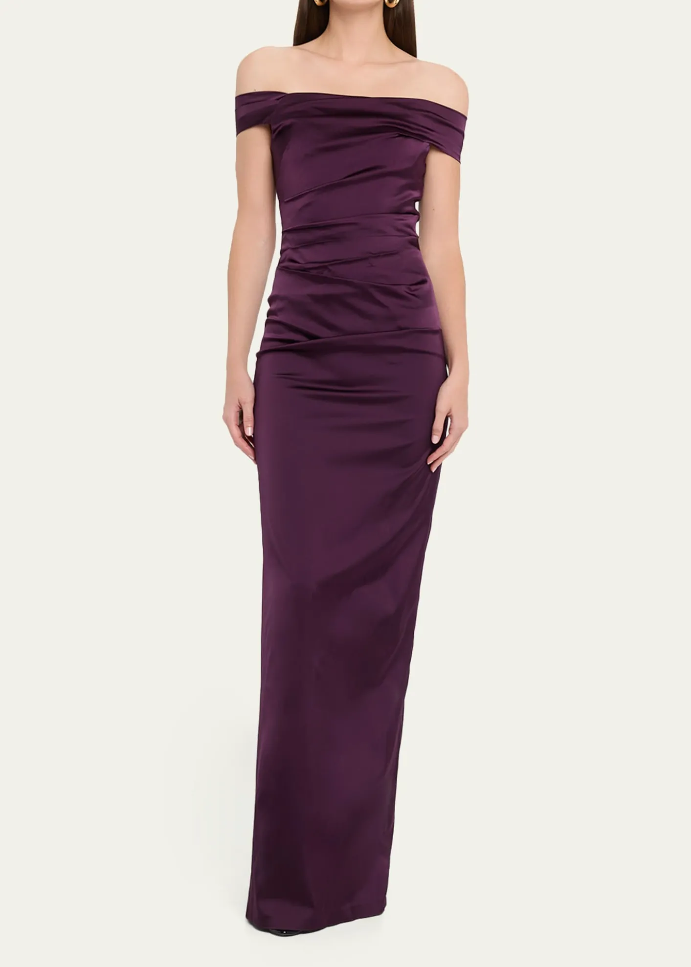 Rickie Freeman for Teri JonOff-Shoulder Satin Column Gown