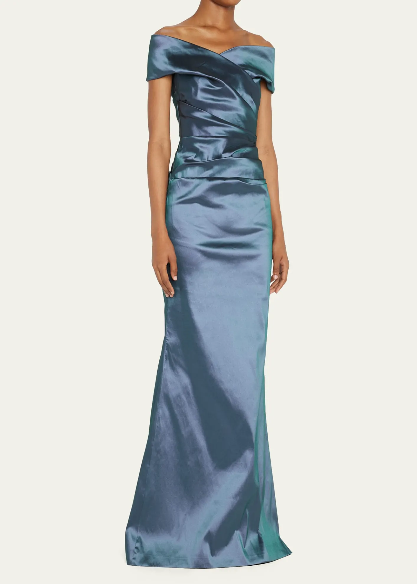 Rickie Freeman for Teri JonOff-Shoulder Ruched Taffeta Gown