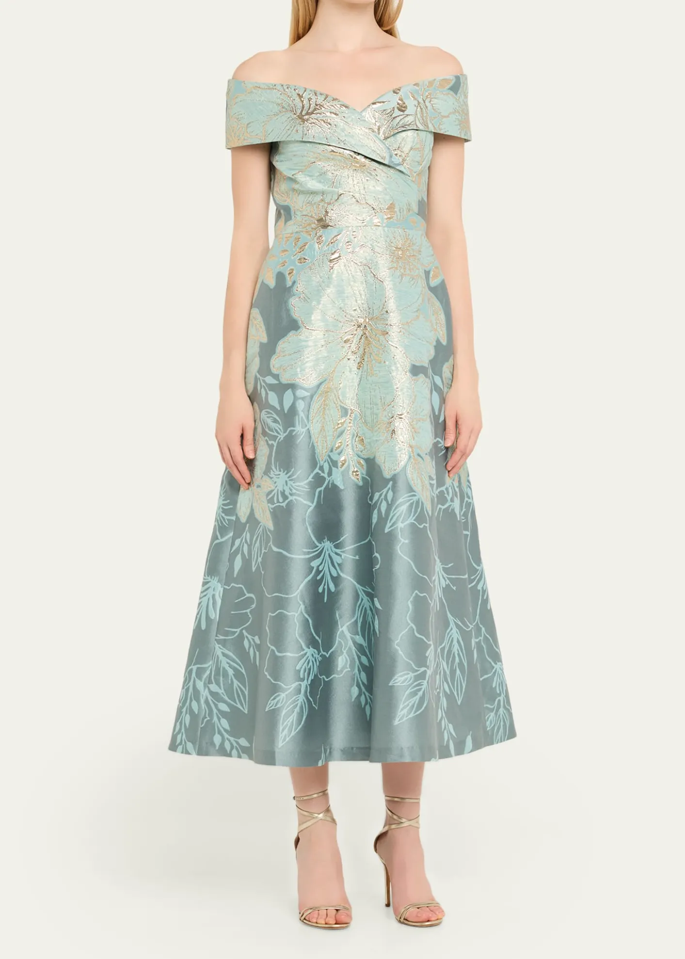 Rickie Freeman for Teri JonOff-Shoulder Metallic Jacquard Midi Dress