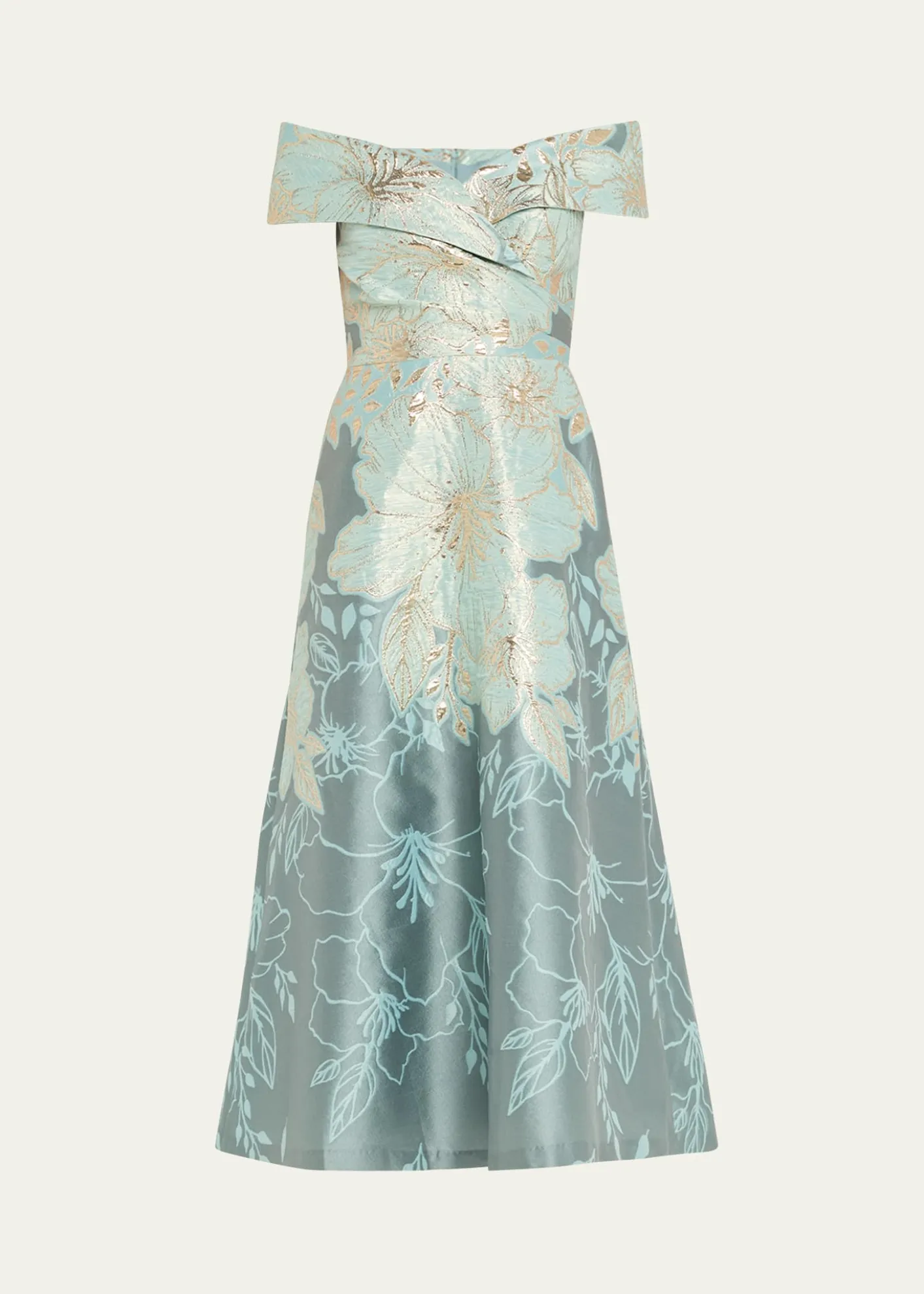 Rickie Freeman for Teri JonOff-Shoulder Metallic Jacquard Midi Dress