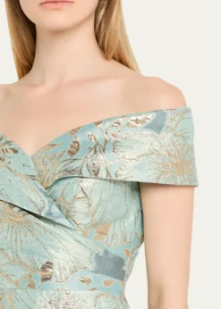 Rickie Freeman for Teri JonOff-Shoulder Metallic Jacquard Midi Dress