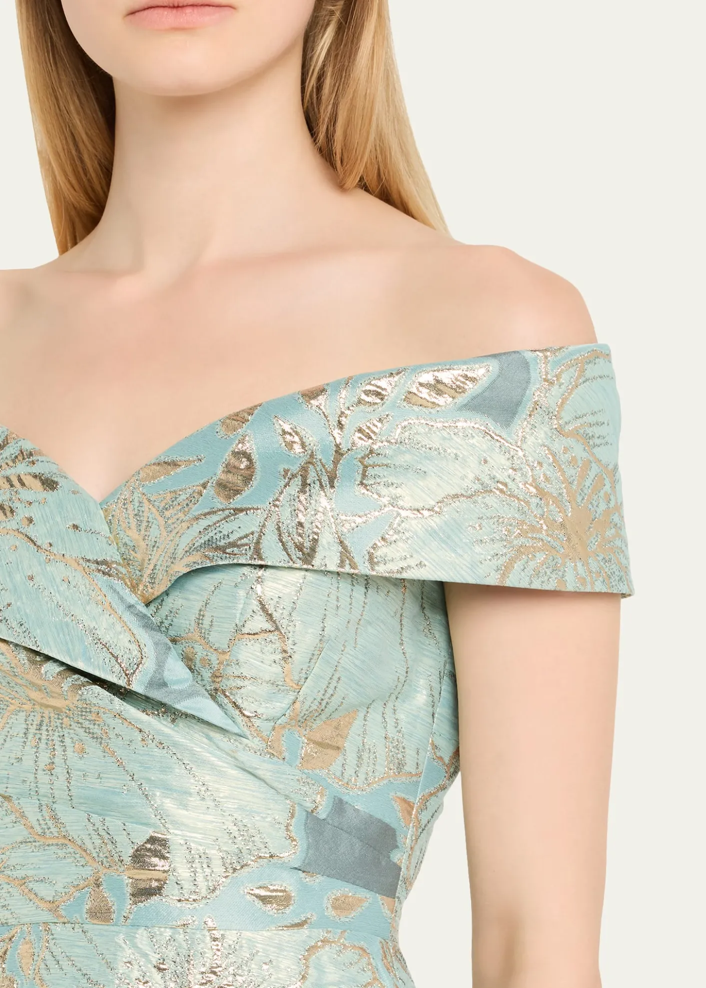 Rickie Freeman for Teri JonOff-Shoulder Metallic Jacquard Midi Dress