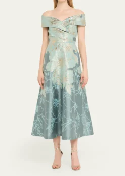 Rickie Freeman for Teri JonOff-Shoulder Metallic Jacquard Midi Dress