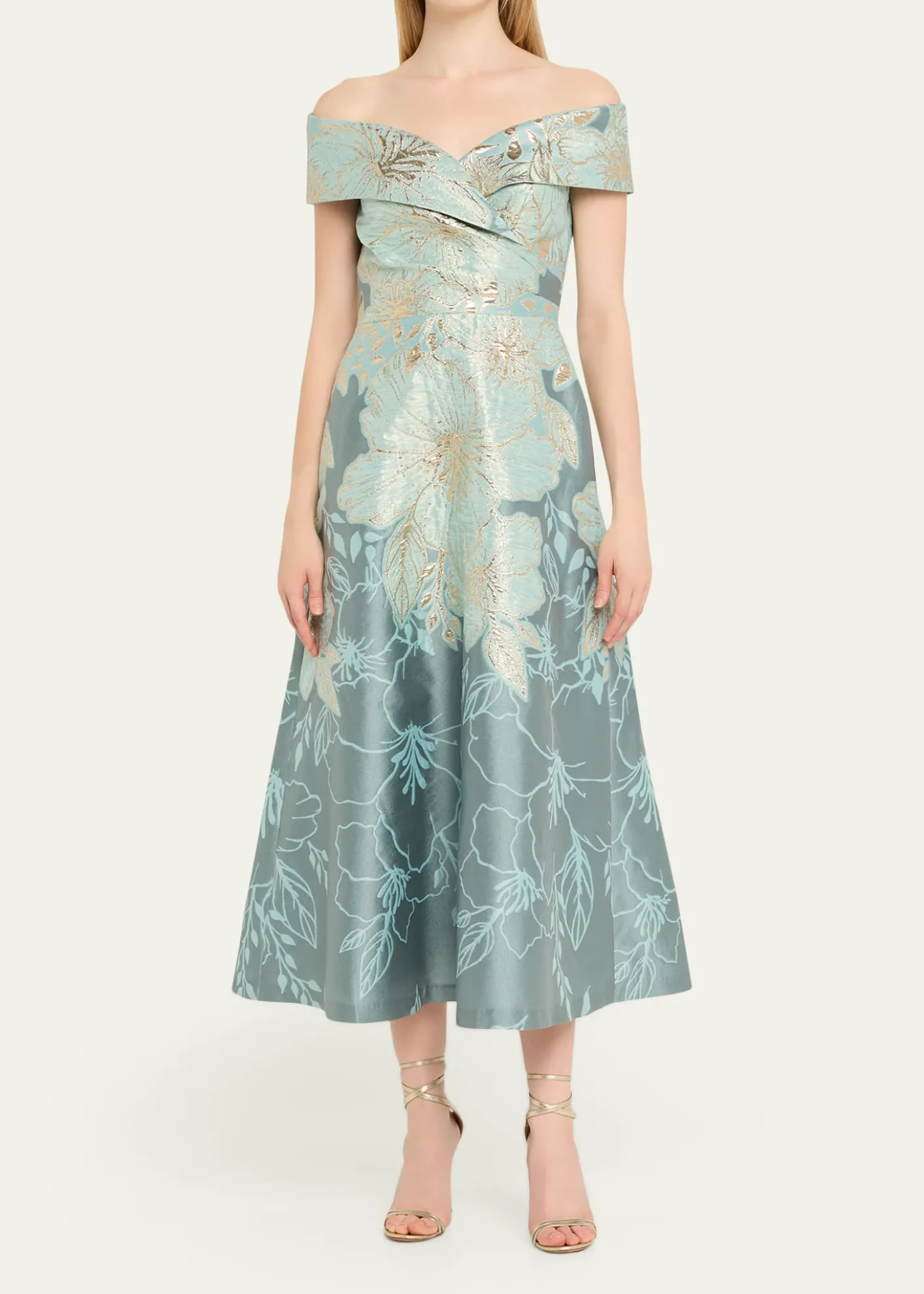 Rickie Freeman for Teri JonOff-Shoulder Metallic Jacquard Midi Dress
