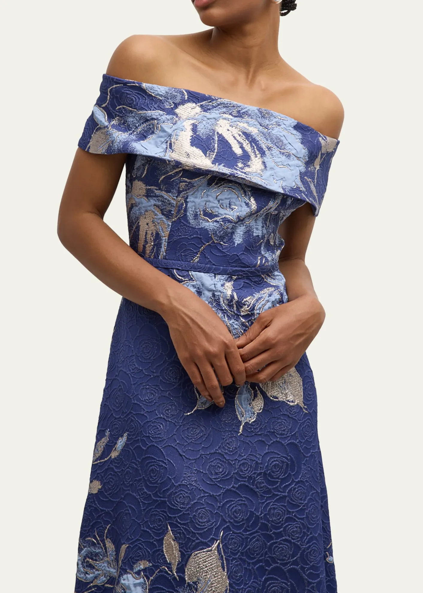 Rickie Freeman for Teri JonOff-Shoulder Metallic Flower Jacquard Gown