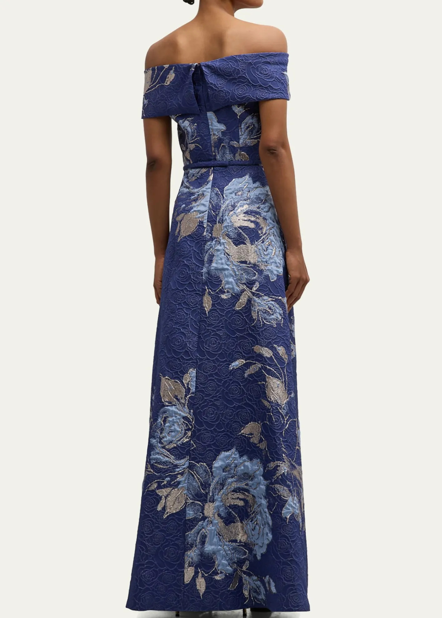 Rickie Freeman for Teri JonOff-Shoulder Metallic Flower Jacquard Gown