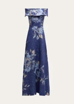 Rickie Freeman for Teri JonOff-Shoulder Metallic Flower Jacquard Gown