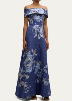 Rickie Freeman for Teri JonOff-Shoulder Metallic Flower Jacquard Gown