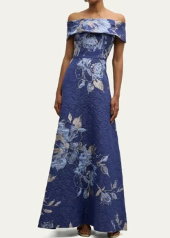 Rickie Freeman for Teri JonOff-Shoulder Metallic Flower Jacquard Gown