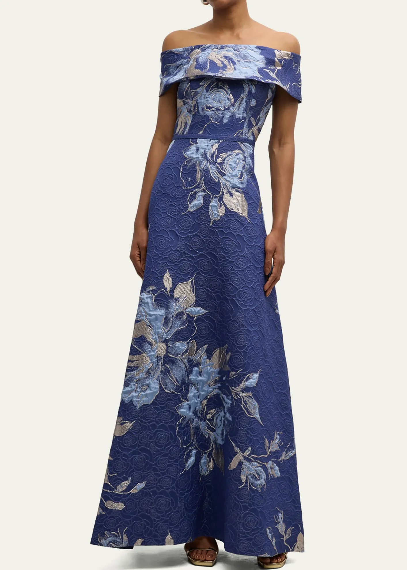 Rickie Freeman for Teri JonOff-Shoulder Metallic Flower Jacquard Gown