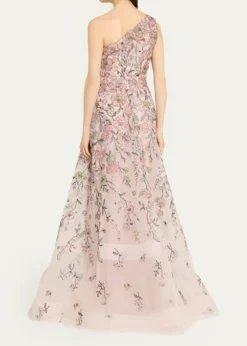 Rickie Freeman for Teri JonOne-Shoulder Embroidered Tulle Gown