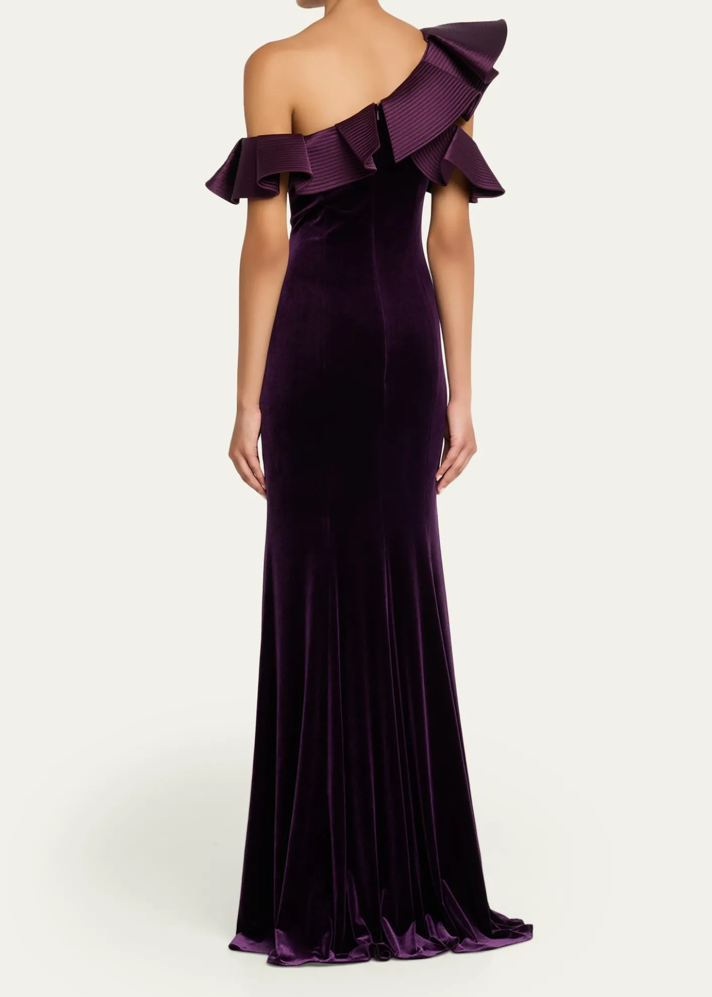 Rickie Freeman for Teri JonOne-Shoulder Ruffle Velvet Gown