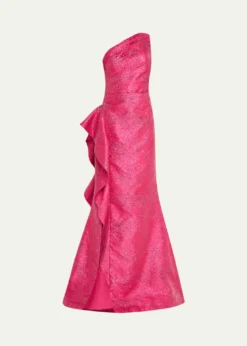 Rickie Freeman for Teri JonOne-Shoulder Metallic Jacquard Trumpet Gown