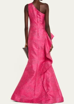 Rickie Freeman for Teri JonOne-Shoulder Metallic Jacquard Trumpet Gown