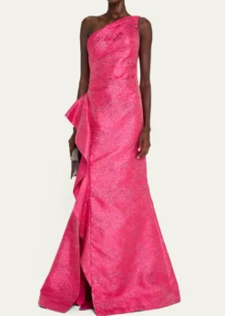 Rickie Freeman for Teri JonOne-Shoulder Metallic Jacquard Trumpet Gown