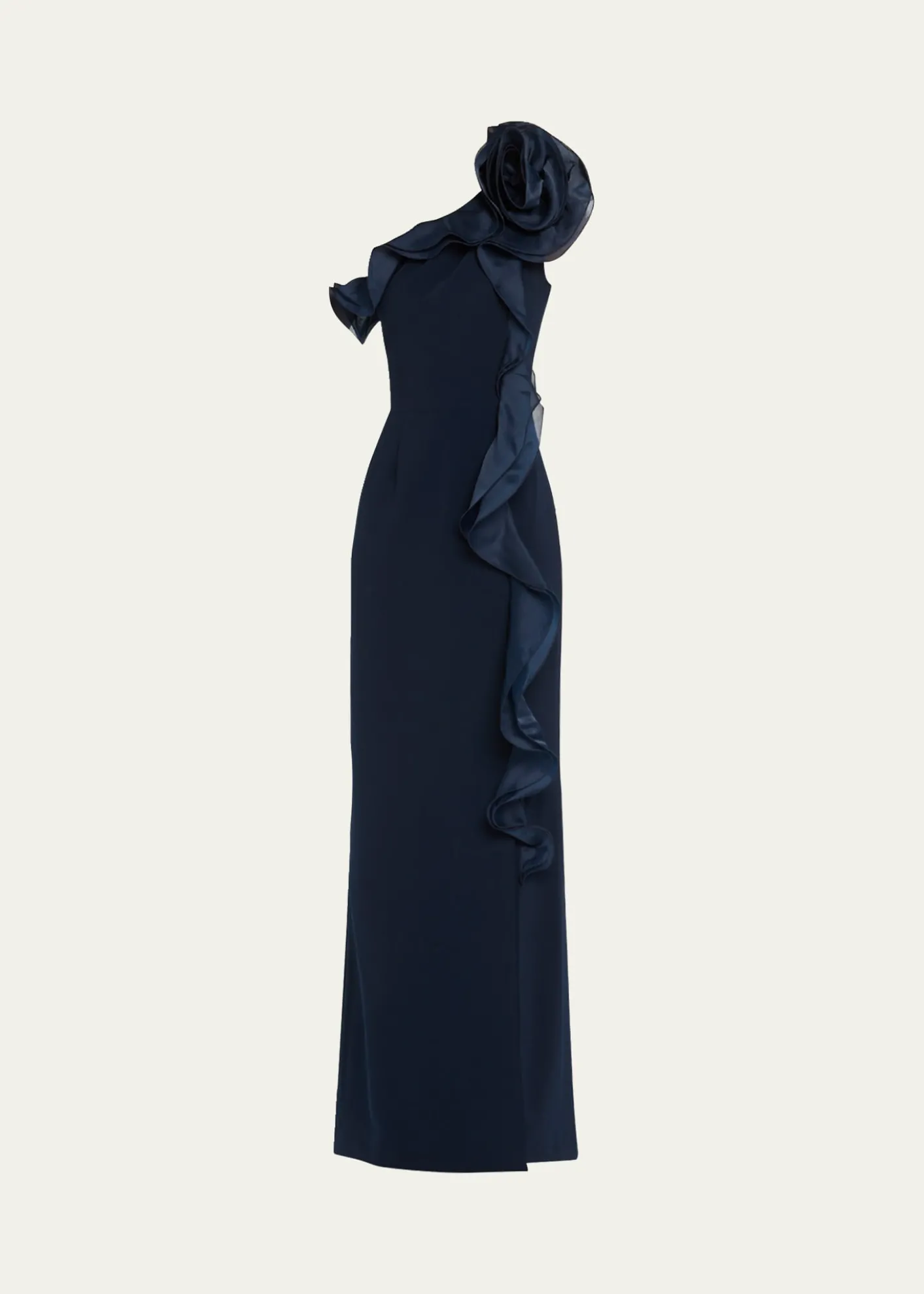 Rickie Freeman for Teri JonOne-Shoulder Ruffle Column Gown