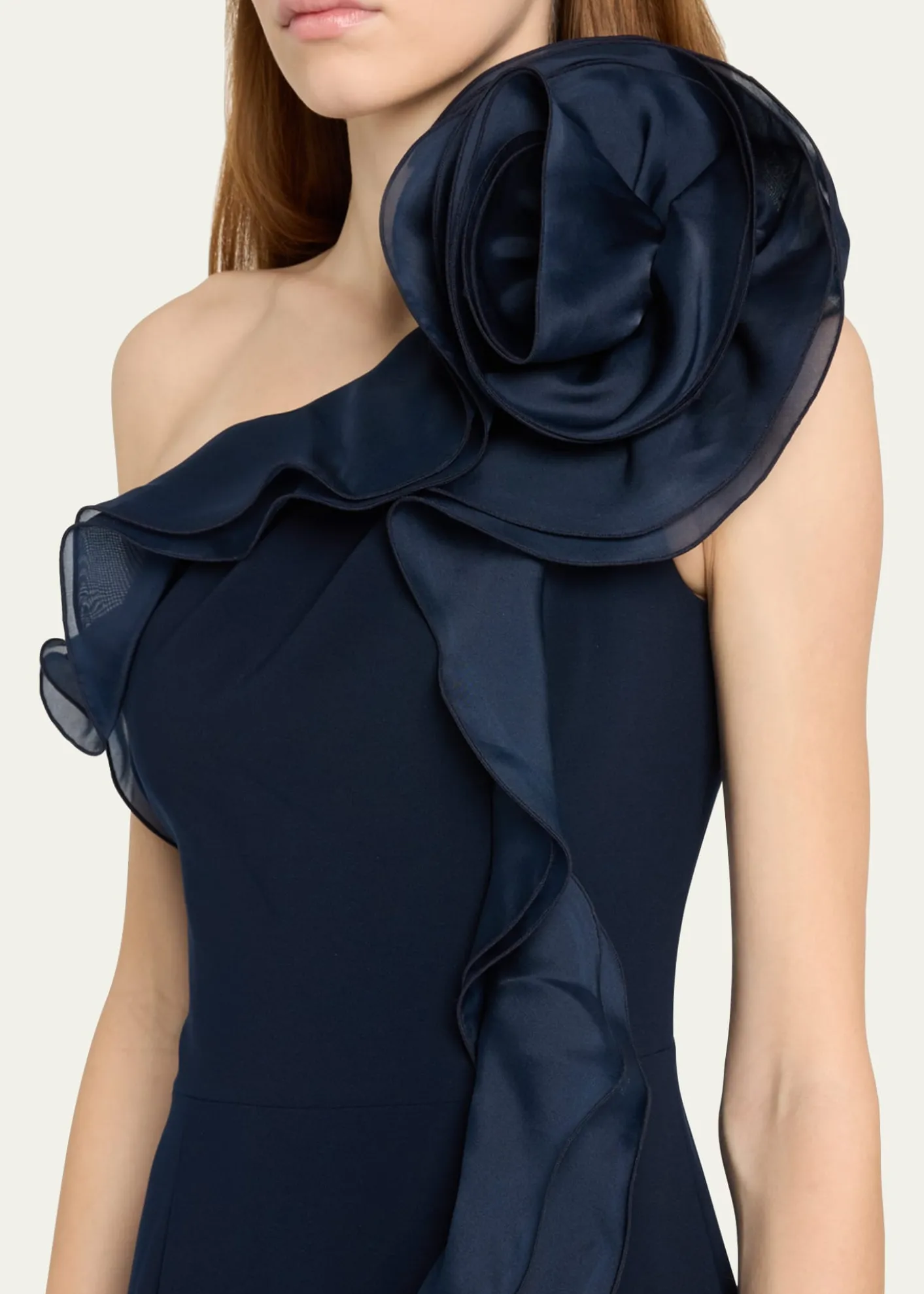 Rickie Freeman for Teri JonOne-Shoulder Ruffle Column Gown
