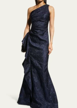 Rickie Freeman for Teri JonOne-Shoulder Jacquard Side-Ruffle Gown