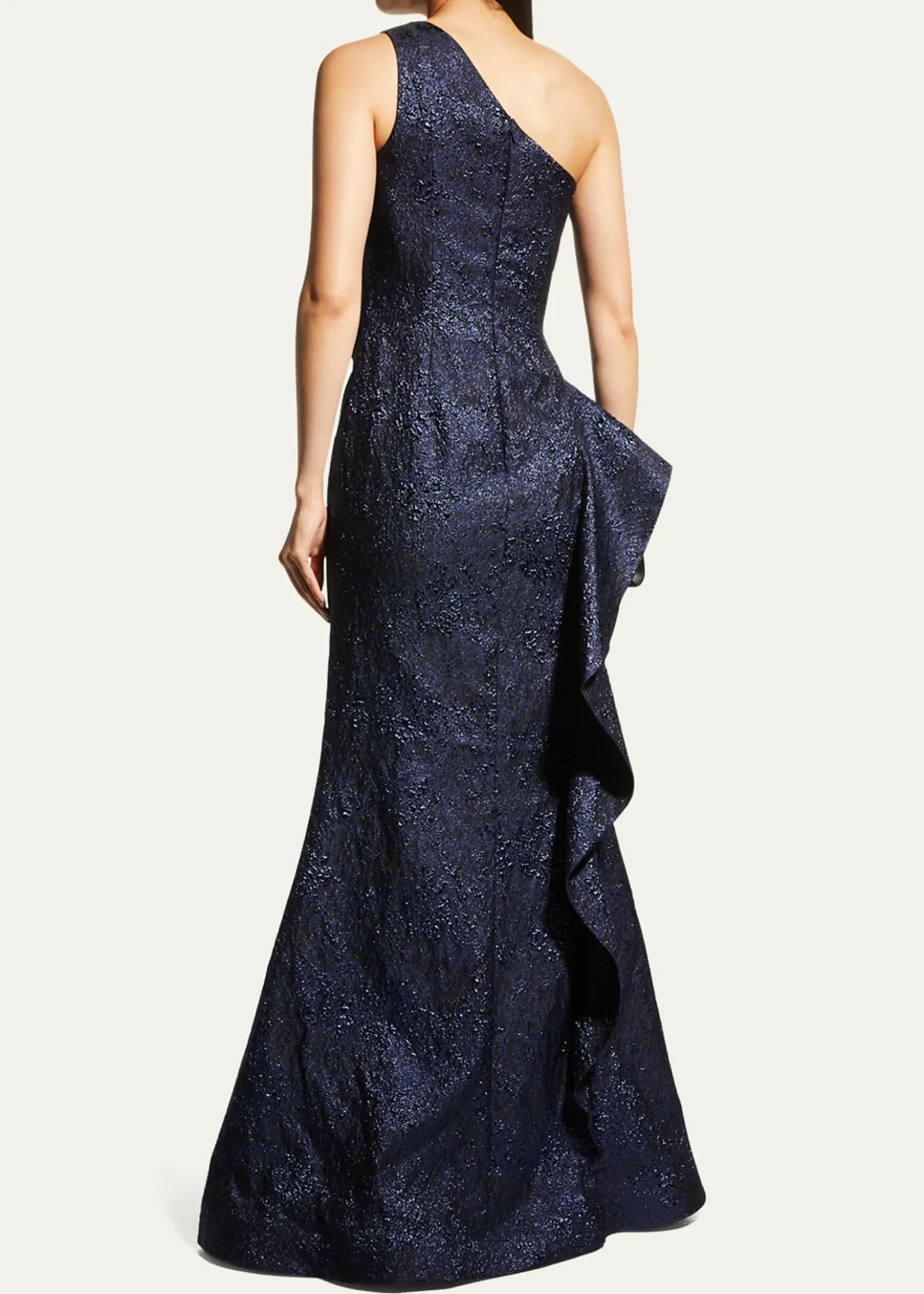 Rickie Freeman for Teri JonOne-Shoulder Jacquard Side-Ruffle Gown