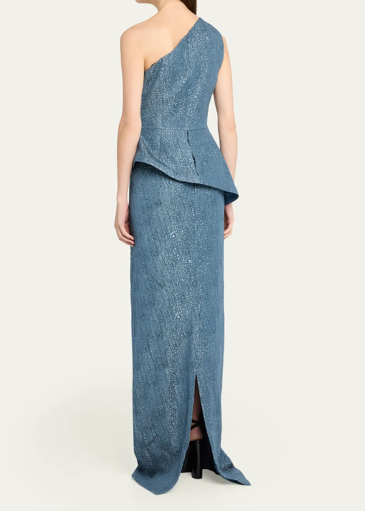 Rickie Freeman for Teri JonOne-Shoulder Metallic Jacquard Peplum Gown