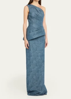 Rickie Freeman for Teri JonOne-Shoulder Metallic Jacquard Peplum Gown