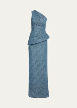 Rickie Freeman for Teri JonOne-Shoulder Metallic Jacquard Peplum Gown