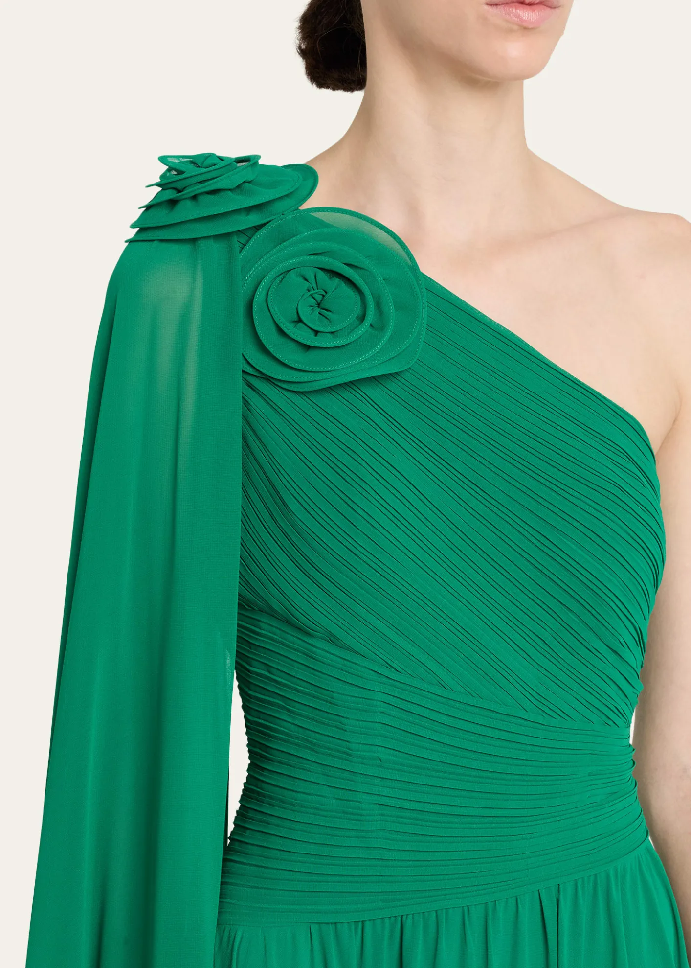 Rickie Freeman for Teri JonPleated Cape-Sleeve Chiffon Gown