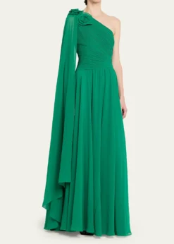 Rickie Freeman for Teri JonPleated Cape-Sleeve Chiffon Gown
