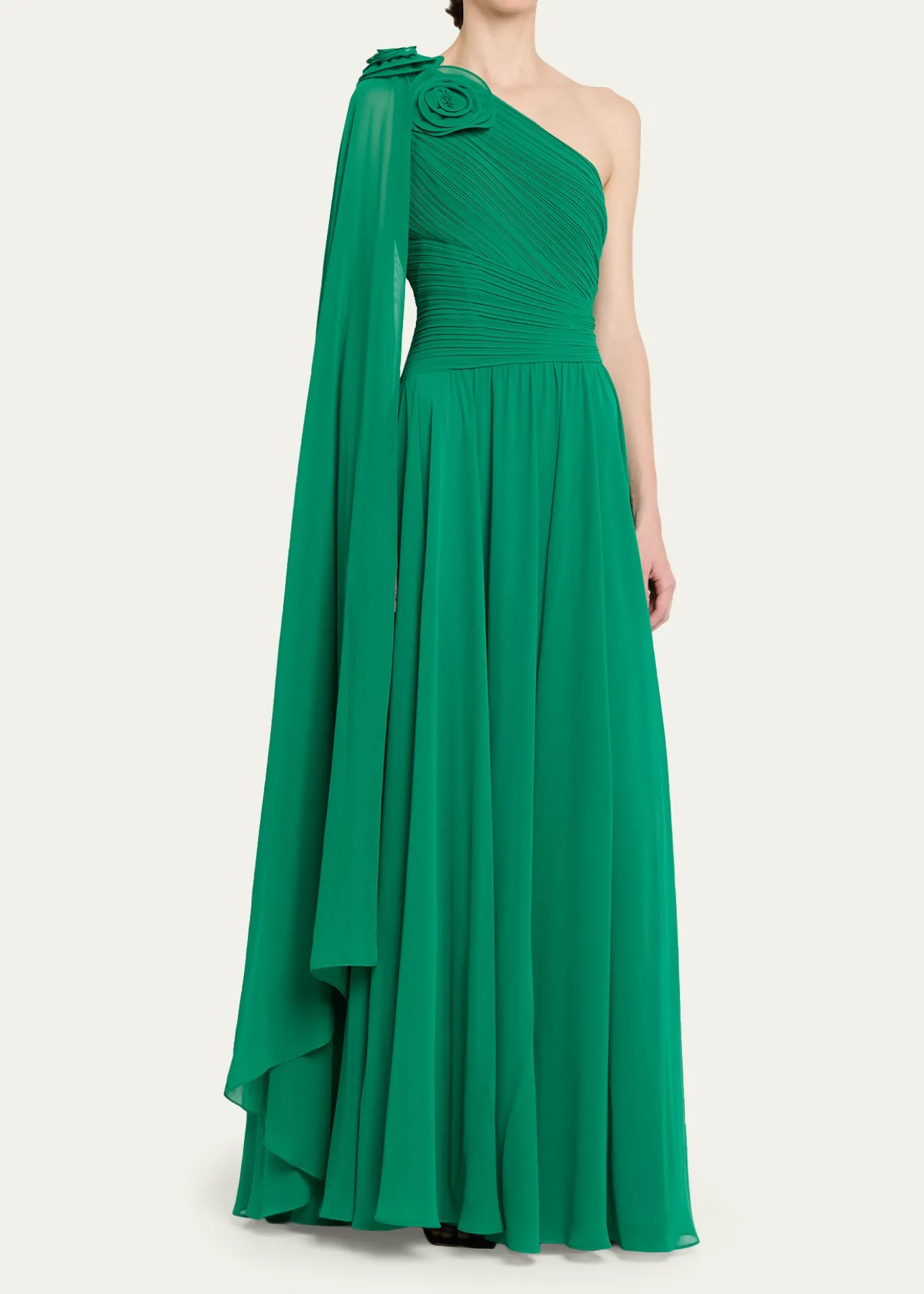 Rickie Freeman for Teri JonPleated Cape-Sleeve Chiffon Gown