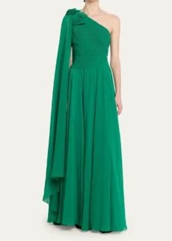 Rickie Freeman for Teri JonPleated Cape-Sleeve Chiffon Gown