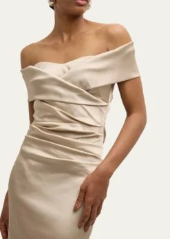 Rickie Freeman for Teri JonPleated Off-Shoulder Satin Column Gown