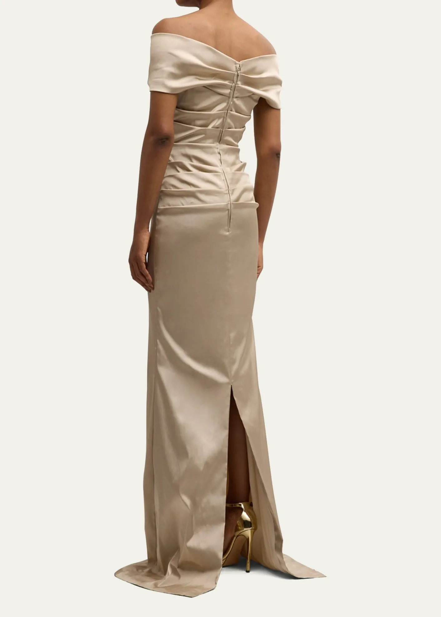 Rickie Freeman for Teri JonPleated Off-Shoulder Satin Column Gown