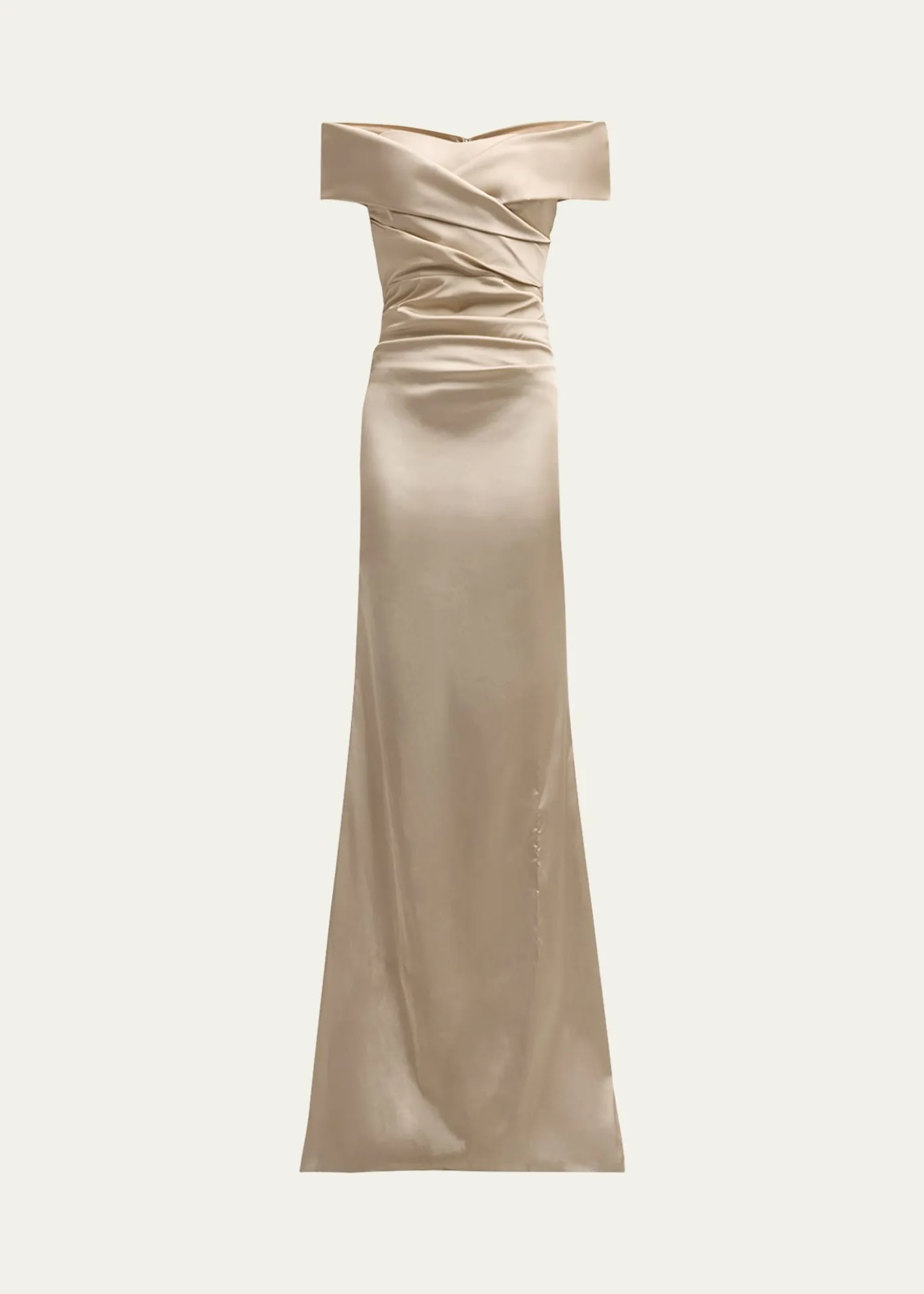 Rickie Freeman for Teri JonPleated Off-Shoulder Satin Column Gown
