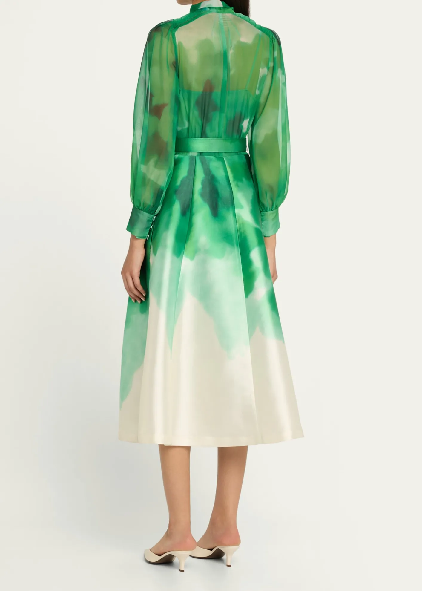 Rickie Freeman for Teri JonPleated Tie-Neck Mixed Media Midi Shirtdress