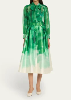 Rickie Freeman for Teri JonPleated Tie-Neck Mixed Media Midi Shirtdress